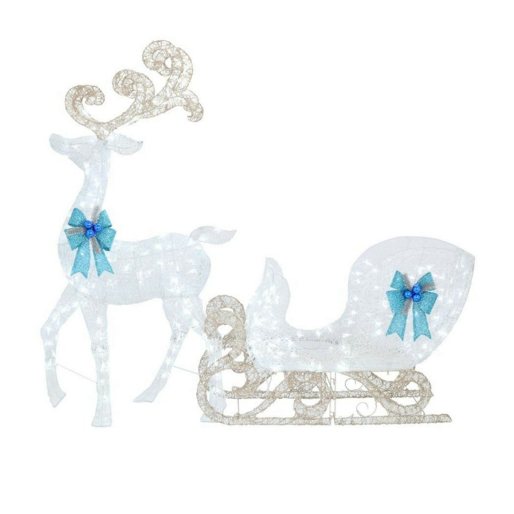 65 in. LED Lighted White Reindeer & 46 in. LED Lighted White Sleigh w Blue Bows